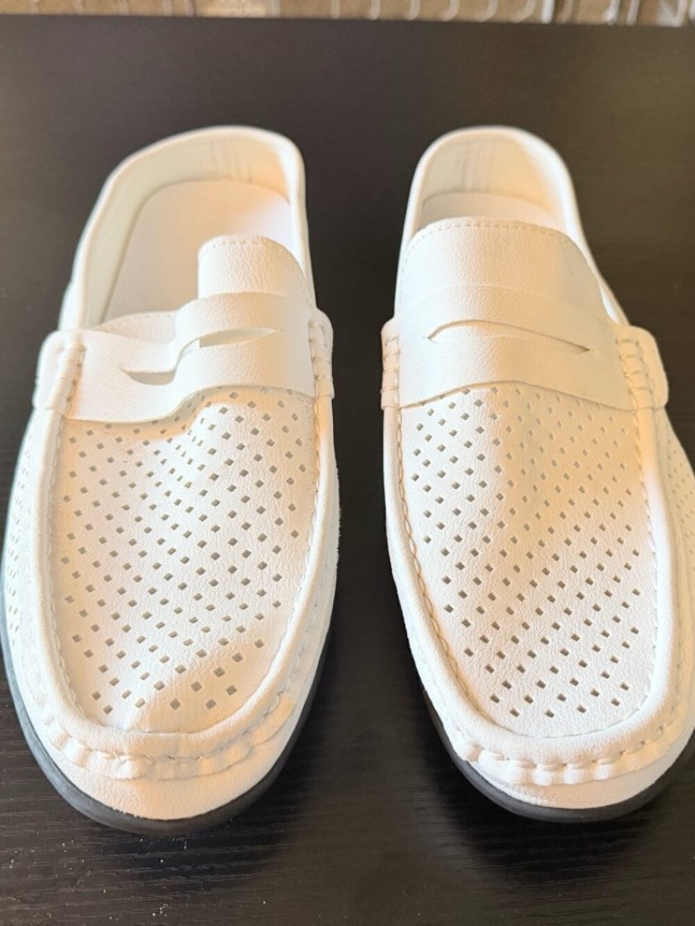 White Perforated Backless Loafers / Mules — Marked 43